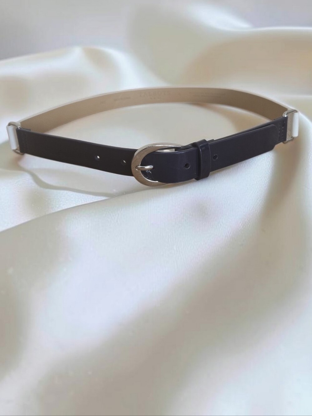 Talbots Colorblock Skinny Belt | Navy Blue & White | Faux Patent Leather Small